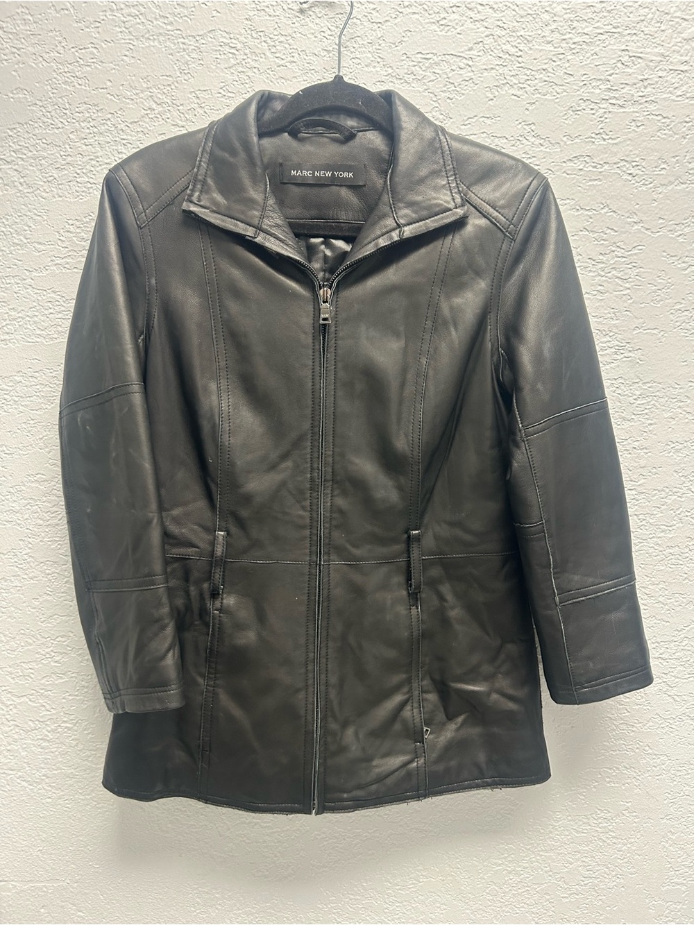Marc New York Black Leather Zip-Front Jacket with Panel Detailing
